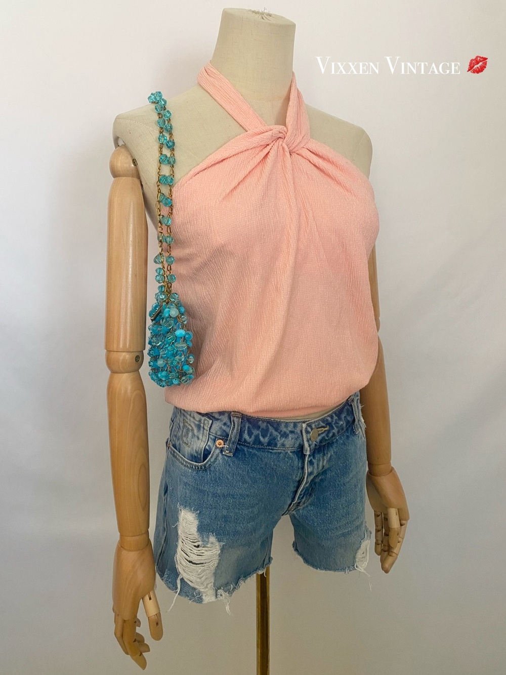 VINTAGE Y2K ESPRESSO TEXTURED HALTER BUBBLE TOP IN PEACH